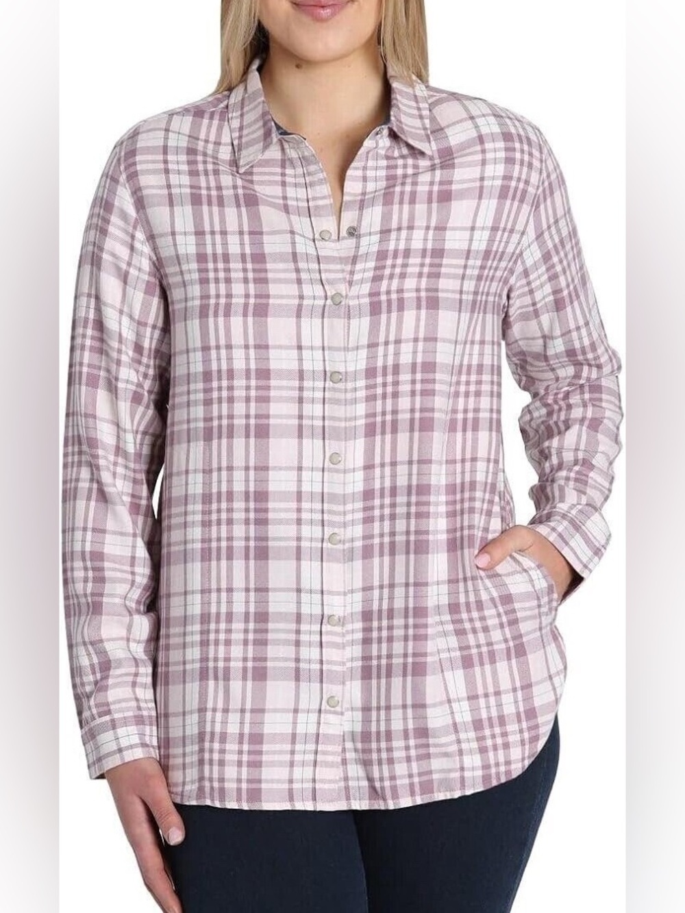 JACHS Girlfriend Lavender Plaid Pearl Snap Button Down Shirt, Women's Medium